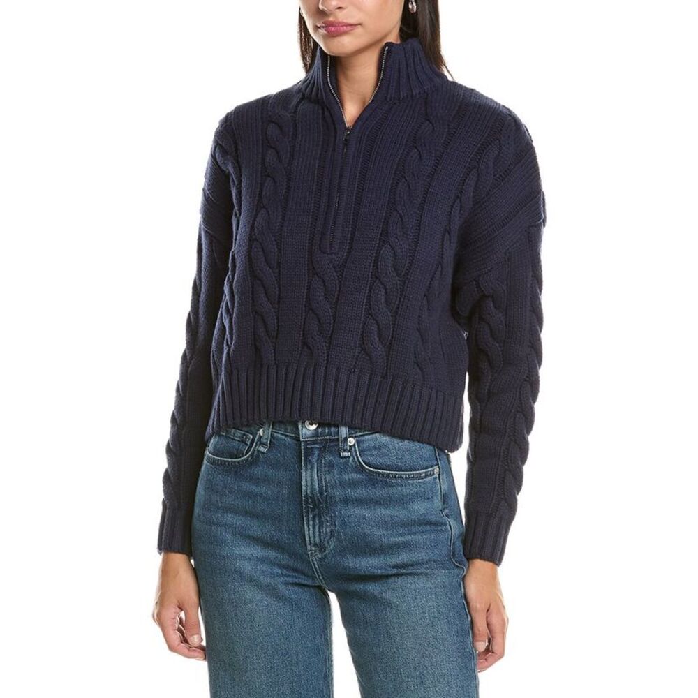 Current/Elliott Womens  Cropped Cable Knit 1/2-Zip, Navy